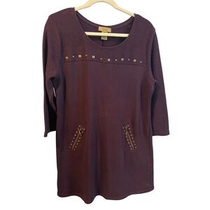 Valerie Stevens Tunic Plum Purple Studded Zipper Pocket Sweater Dress Sz M